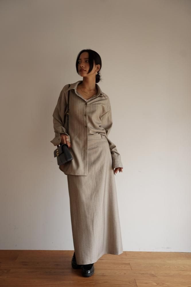 Stripe Shirt & Skirt Set Up<br>[KHAKI/GRAY]