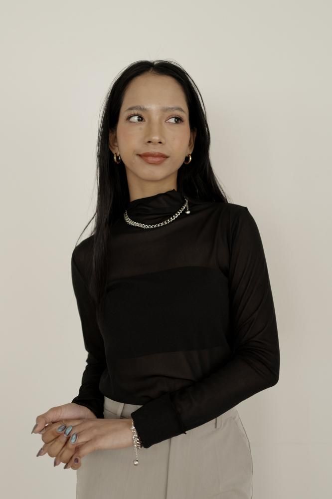 High Neck Sheer Tops<br>[OFFWHITE/BLACK]