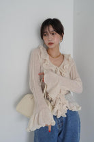 Frill Silhouette Knit Tops[BROWN/BEIGE]