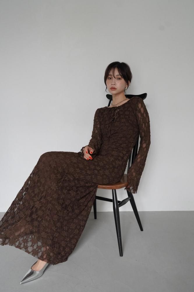 V Neck Shirring Long One-piece<br>[BROWN]【2月10日～発売OK】